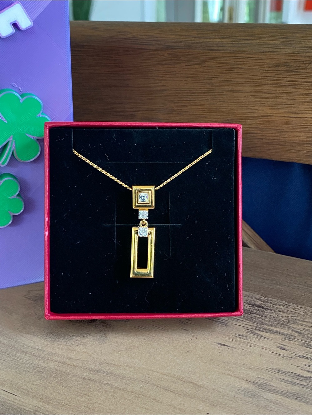 Nina Ricci Gold-tone Rectangular Drop Necklace with Clear Stones